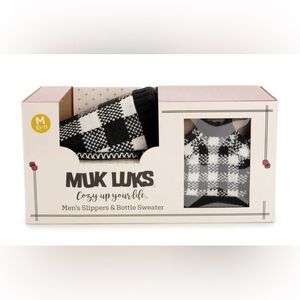 NWT Muk Luks Black and White Men's Slippers & Bottle Sweater Set size M 10-11.